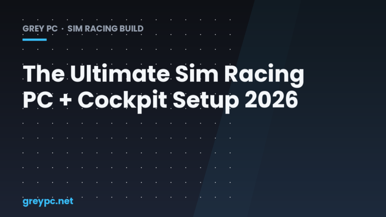 Sim racing cockpit setup with direct-drive wheel, pedals, and gaming PC