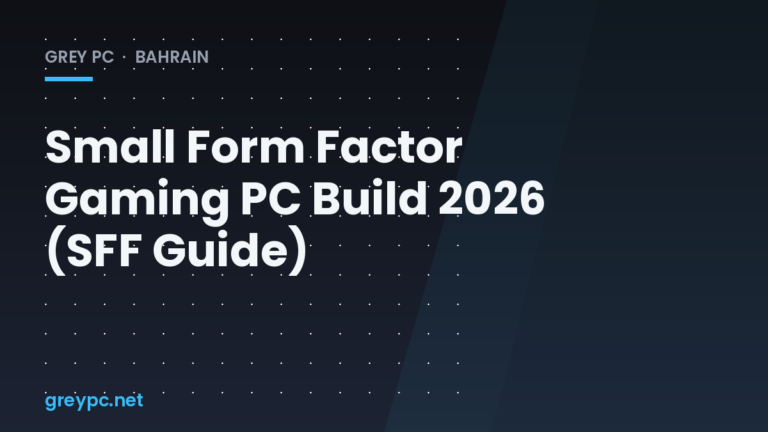 Small form factor mini-ITX gaming PC build inside a compact case on a desk, Grey PC Bahrain