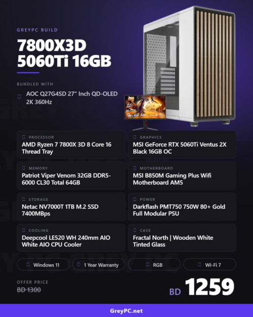 AMD Ryzen 7 7800X3D / RTX 5060Ti 16GB Gaming PC — AOC Q27G4SD Bundle