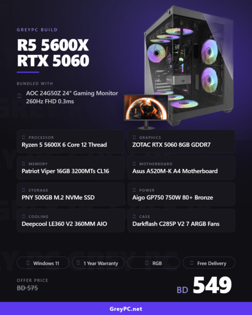 greypc-r5-5600x-rtx5060 AMD Ryzen 5 5600X / RTX 5060 8GB Gaming PC — AOC 24G50Z Bundle