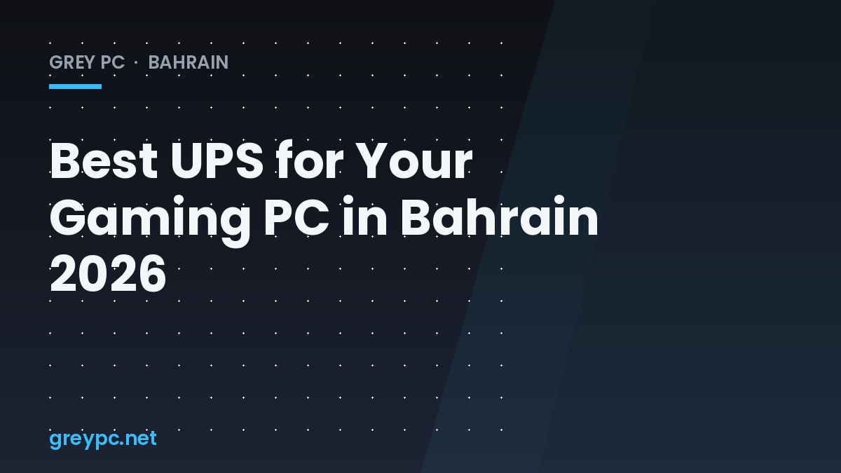 UPS battery backup unit sitting beside a gaming PC tower, Grey PC Bahrain header graphic