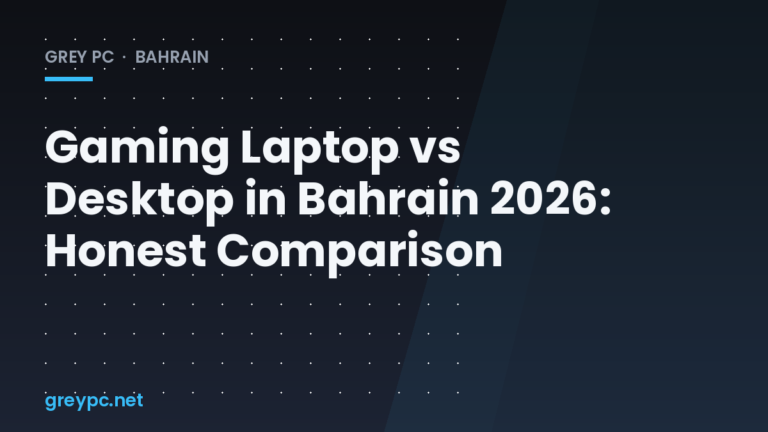 Gaming laptop and gaming desktop tower side by side on a desk in Bahrain