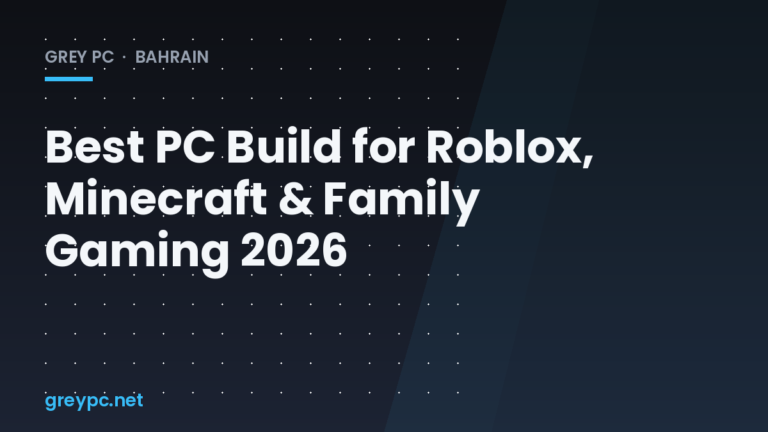 Family gaming PC build with case, monitor and controller set up for Roblox and Minecraft in a Bahrain living room