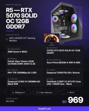 GreyPC Build: AMD Ryzen 5 9600 / RTX 5070 SOLID OC 12GB GDDR7 — AOC 24G50Z Bundle