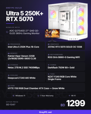 GreyPC Build: Intel Ultra 5 250K+ / RTX 5070 SOLID OC 12GB — AOC Q27G4SD Bundle