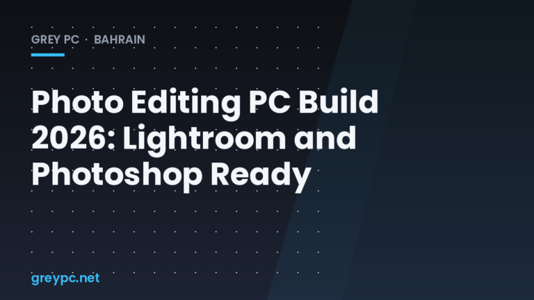 Desktop PC tower set up for photo editing with a color-accurate monitor showing Lightroom