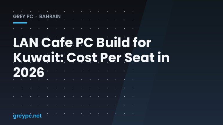 Row of gaming PCs with RGB lighting set up for a LAN cafe in Kuwait