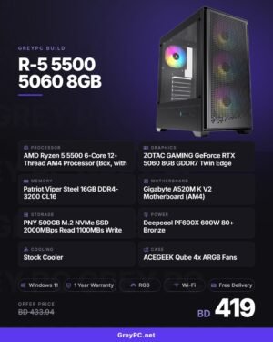 GreyPC Build: AMD Ryzen 5 5500 and ZOTAC RTX 5060 8GB gaming PC in ACEGEEK Qube case