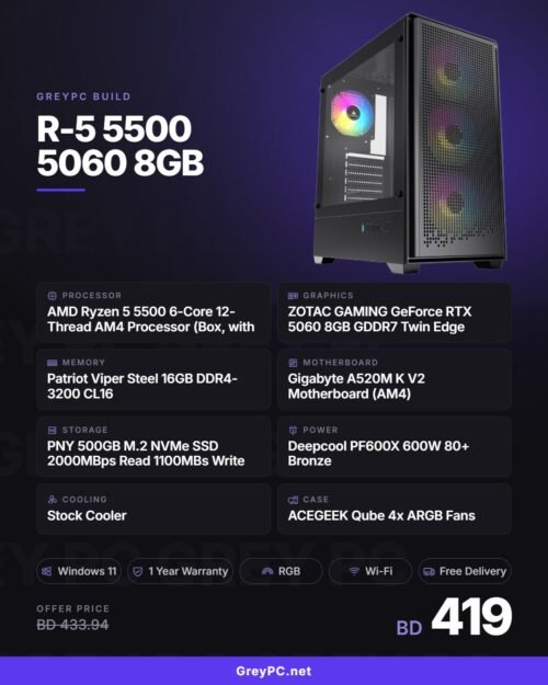 GreyPC Build: AMD Ryzen 5 5500 and ZOTAC RTX 5060 8GB gaming PC in ACEGEEK Qube case