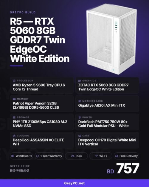 GreyPC Build: AMD Ryzen 5 9600 + RTX 5060 8GB GDDR7 Twin Edge OC White Edition
