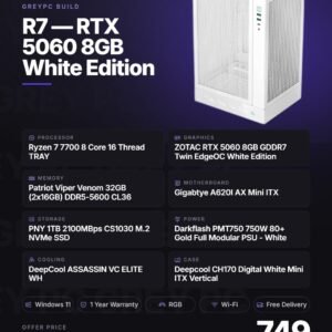 GreyPC Build: AMD Ryzen 7 7700 and ZOTAC RTX 5060 8GB White Edition mini-ITX gaming PC in Deepcool CH170 White case