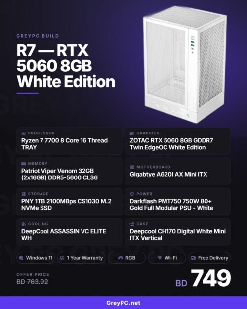 GreyPC Build: AMD Ryzen 7 7700 and ZOTAC RTX 5060 8GB White Edition mini-ITX gaming PC in Deepcool CH170 White case