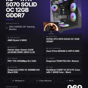 GreyPC Build: AMD Ryzen 5 9600 / RTX 5070 SOLID OC 12GB GDDR7 — AOC 24G50Z Bundle