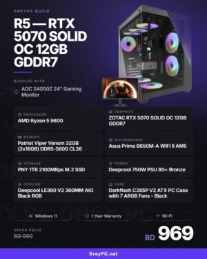 GreyPC Build: AMD Ryzen 5 9600 / RTX 5070 SOLID OC 12GB GDDR7 — AOC 24G50Z Bundle