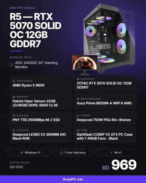greypc-r5-9600-rtx5070-solid-aoc-build GreyPC Build: AMD Ryzen 5 9600 / RTX 5070 SOLID OC 12GB GDDR7 — AOC 24G50Z Bundle