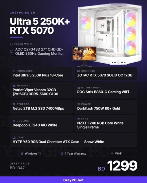 GreyPC Build: Intel Ultra 5 250K+ / RTX 5070 SOLID OC 12GB — AOC Q27G4SD Bundle